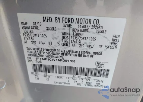 2010 Ford F-150 Stx/Xl/Xlt z USA, uszkodzony, nr VIN 1FTMF1CW7AFD01708